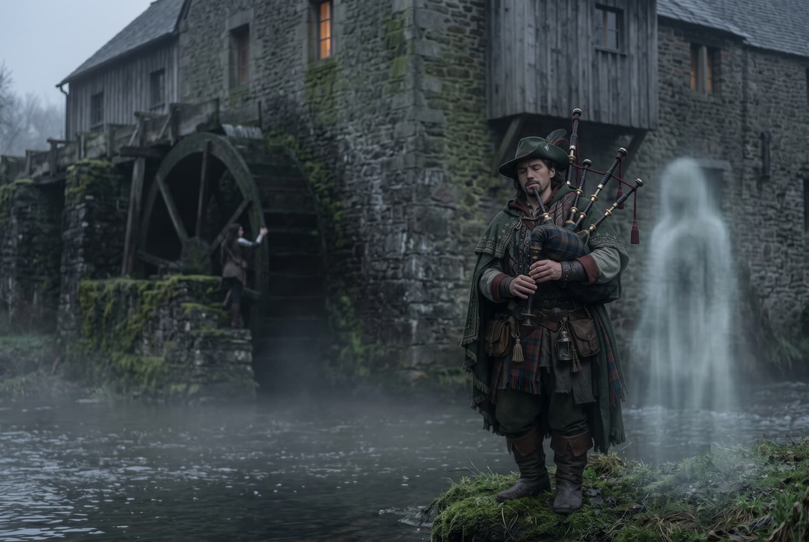 Edric playing a dirge on his bagpipes at the riverbank while Zara climbs the mill's wheel housing behind him.