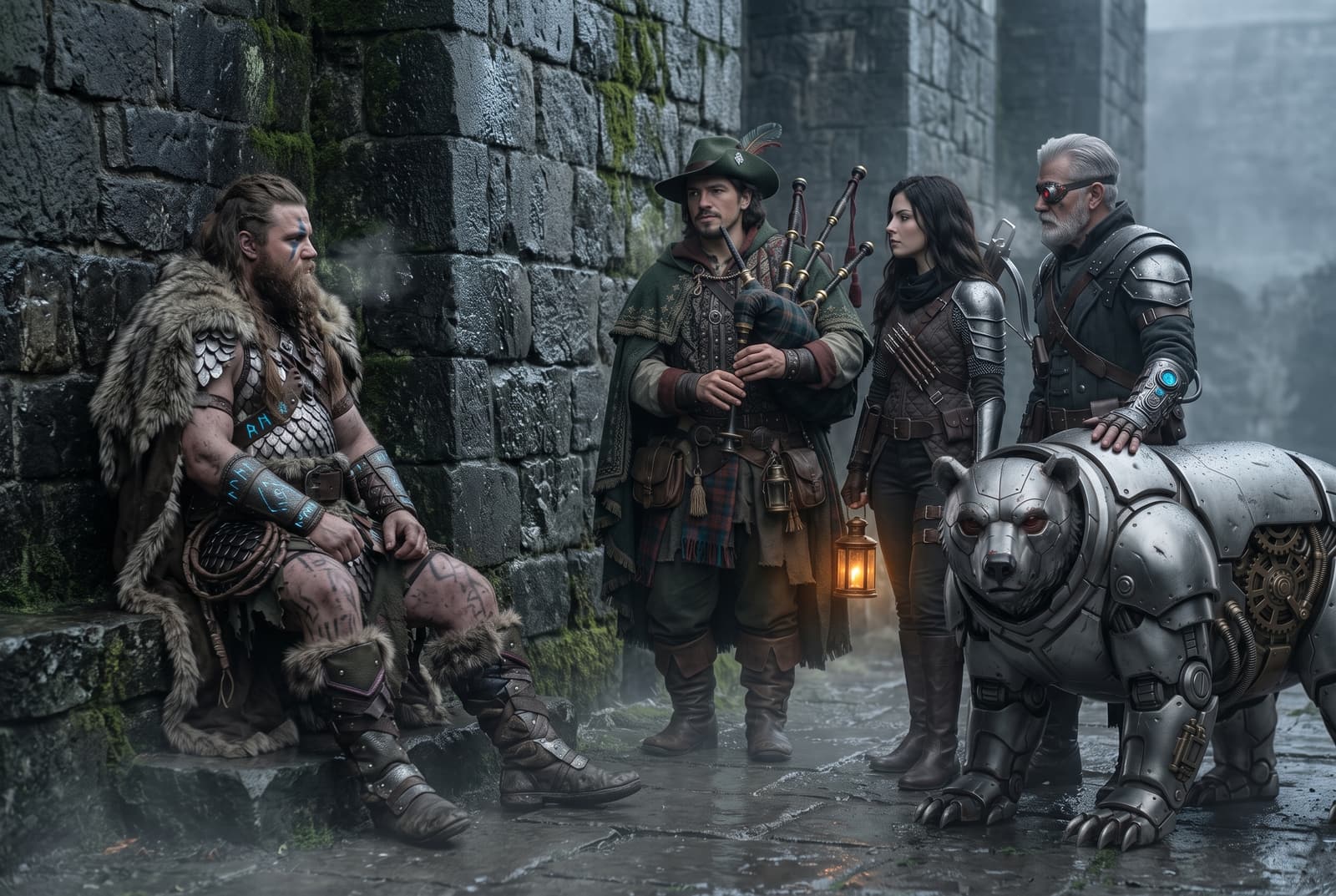 Edric, Makani, Zara, Orion-07 and Bruin gathered against a damp stone wall, moments before the gates of Grayvault opened.