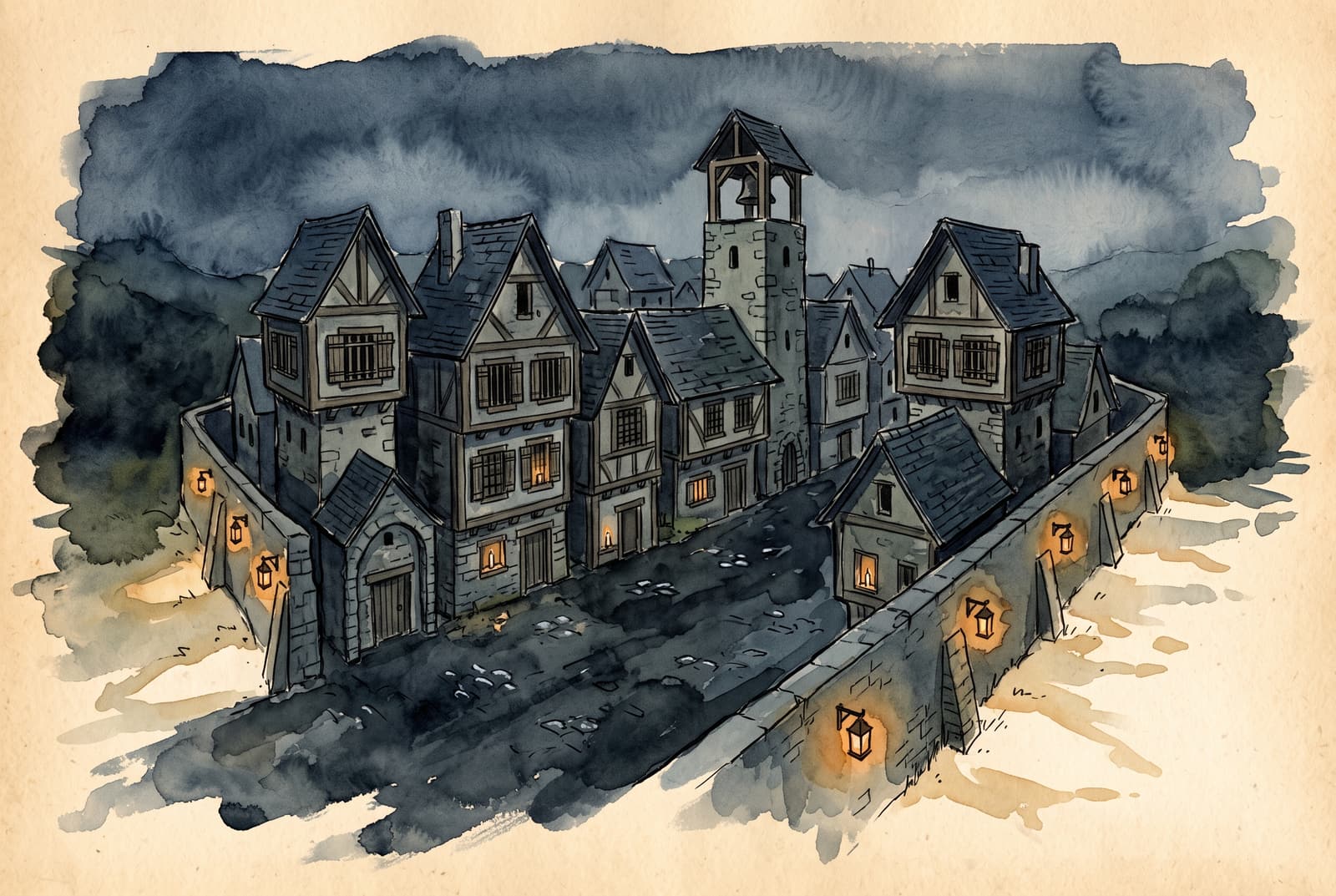 Millstead by lamplight at nightfall under the permanent Shroud.