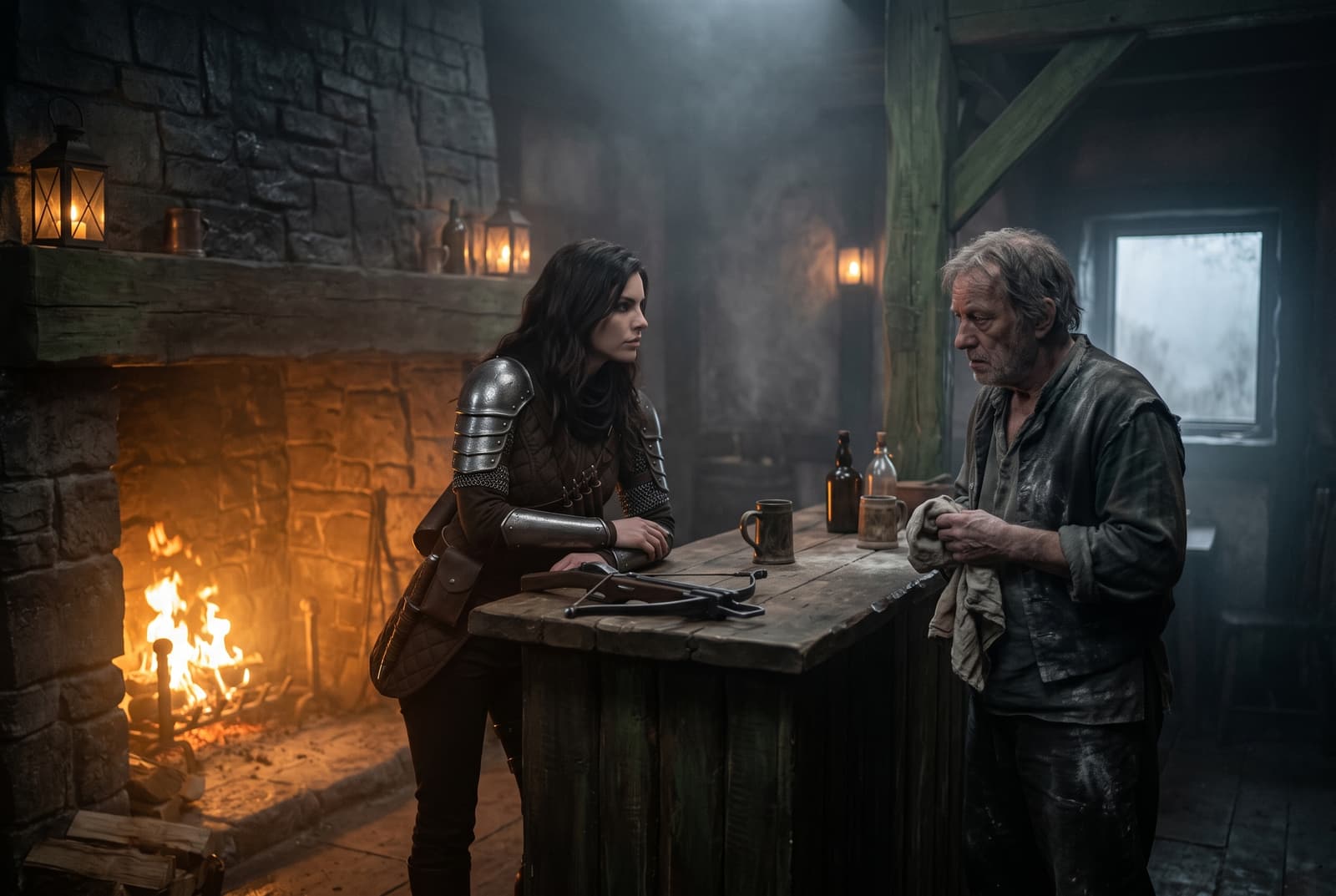 Zara pressing Yorrick the miller for answers at the bar of Leon's inn, Yorrick evasive and guarded.